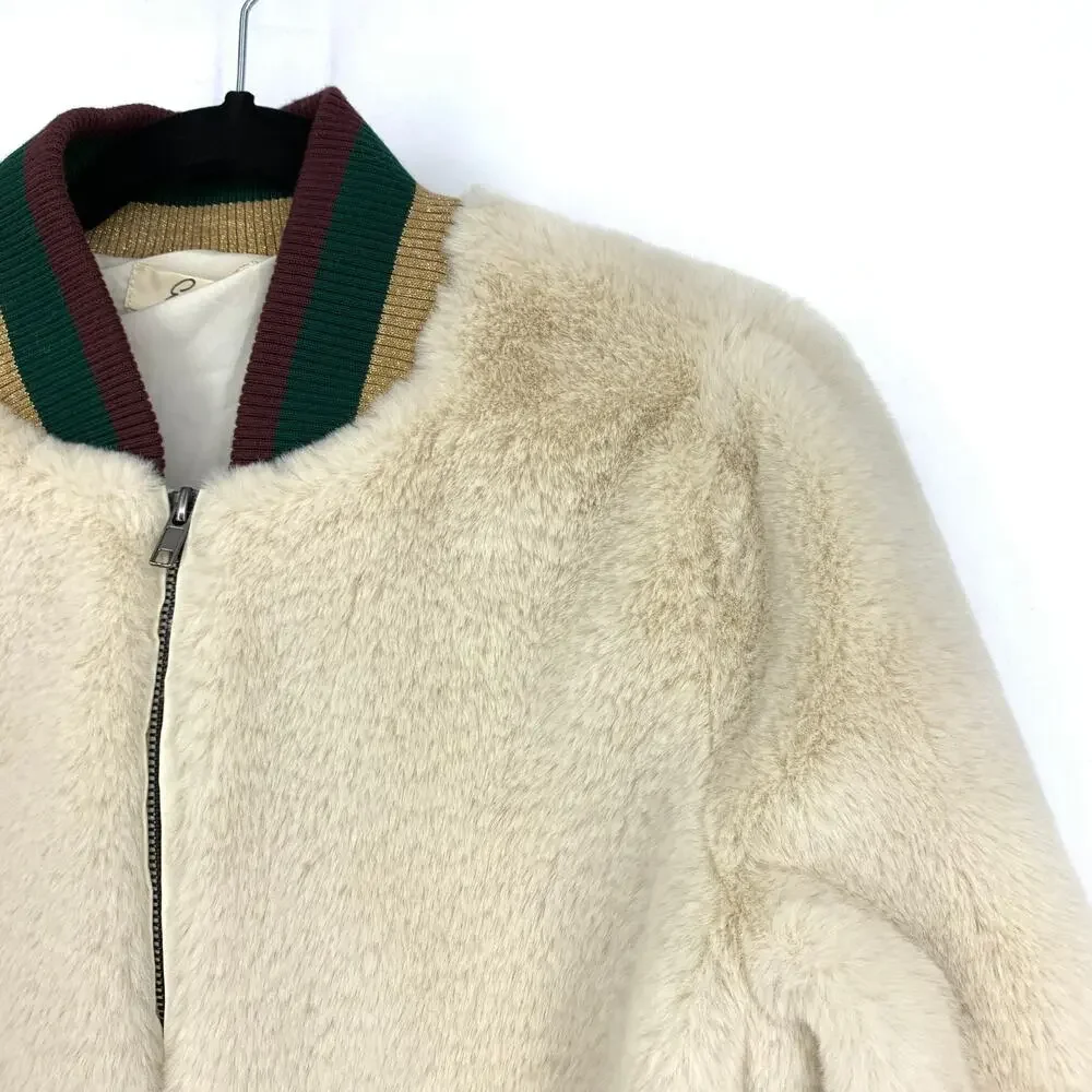 Elan Bomber Jacket Women's Size Small Faux Fur Cream Striped Collar Cuff